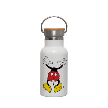 Mickey hide..., Metallic thermos (Stainless steel) White with wooden lid (bamboo), double-walled, 350ml