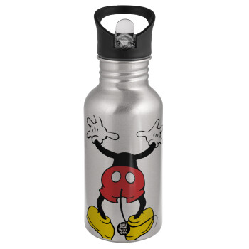 Mickey hide..., Water bottle Silver with straw, stainless steel 500ml