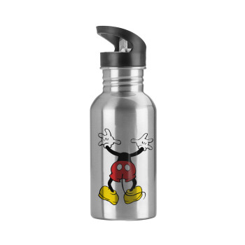 Mickey hide..., Water bottle Silver with straw, stainless steel 600ml
