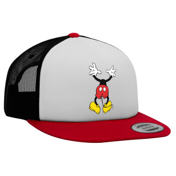 Mickey hide..., Adult Foam Flat Snapback with Mesh Red-White-Black (POLYESTER, ADULT, UNISEX, ONE SIZE)