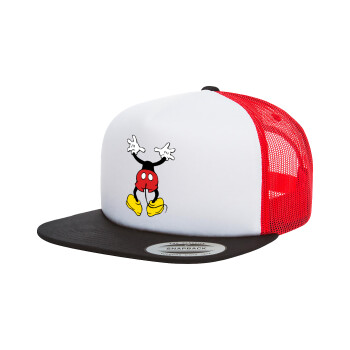 Mickey hide..., Adult Foam Flat Snapback with Mesh Black-White-Red (POLYESTER, ADULT, UNISEX, ONE SIZE)