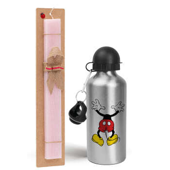 Mickey hide..., Easter Set, metallic Silver aluminum water bottle (500ml) & scented flat Easter candle (30cm) (PINK)