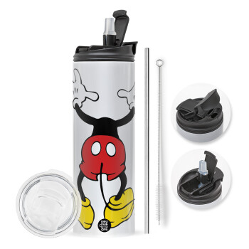 Mickey hide..., Travel Tumbler θερμό με διπλό καπάκι, μεταλλικό καλαμάκι και βούρτσα καθαρισμού (Ανωξείδωτο 304 Food grade, BPA free, 600ml)