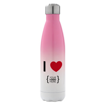 I Love {your logo here}, Metal mug thermos Pink/White (Stainless steel), double wall, 500ml