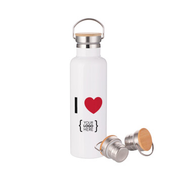 I Love {your logo here}, Stainless steel White with wooden lid (bamboo), double wall, 750ml