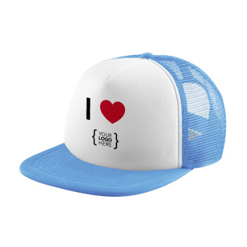 I Love {your logo here}, Child's Soft Trucker Hat with Blue/White Mesh (POLYESTER, CHILD, ONE SIZE)