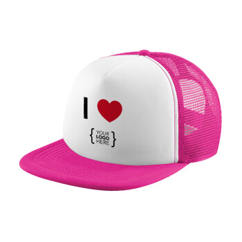 I Love {your logo here}, Καπέλο Ενηλίκων Soft Trucker με Δίχτυ Pink/White (POLYESTER, ΕΝΗΛΙΚΩΝ, UNISEX, ONE SIZE)