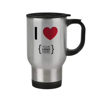 I Love {your logo here}, Stainless steel travel mug with lid, double wall 450ml