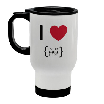 I Love {your logo here}, Stainless steel travel mug with lid, double wall white 450ml