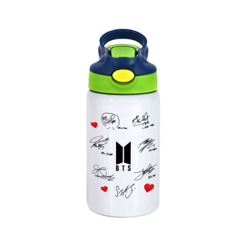 BTS signatures, Children's hot water bottle, stainless steel, with safety straw, green, blue (350ml)
