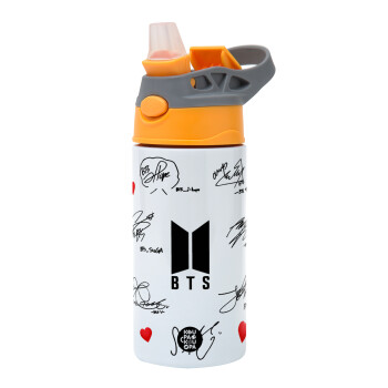 BTS signatures, Children's hot water bottle, stainless steel, with safety straw, Orange/Grey (360ml) BPA-FREE