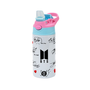 BTS signatures, Children's hot water bottle, stainless steel, with safety straw, Pink/BlueCiel (360ml) BPA FREE