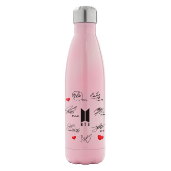 BTS signatures, Metal mug thermos Pink Iridiscent (Stainless steel), double wall, 500ml