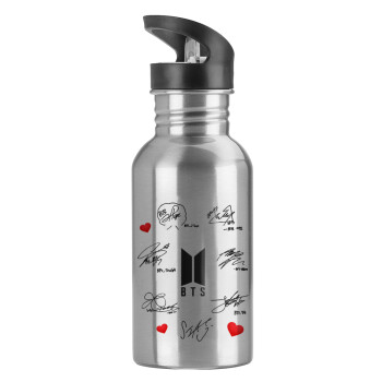 BTS signatures, Water bottle Silver with straw, stainless steel 600ml
