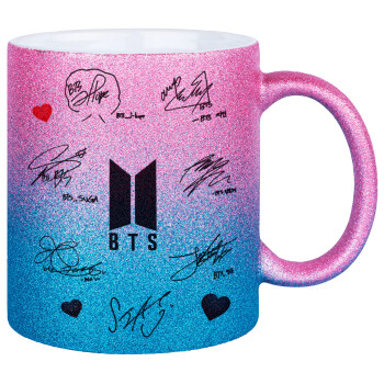 BTS signatures, Κούπα Χρυσή/Μπλε Glitter, κεραμική, 330ml