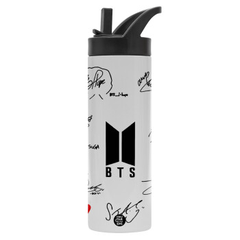 BTS signatures, Metallic thermos bottle with straw & handle, stainless steel (Stainless steel 304), double-walled, 600ml.