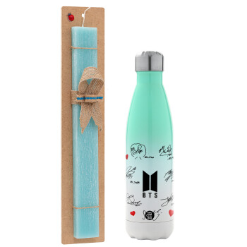 BTS signatures, Easter Set, Metallic green/white thermos (Stainless steel), double-walled, 500ml & scented flat Easter candle (30cm) (TURQUOISE)