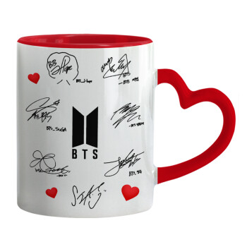 BTS signatures, Mug heart red handle, ceramic, 330ml