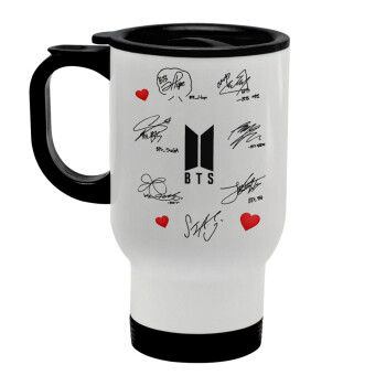 BTS signatures, Stainless steel travel mug with lid, double wall white 450ml