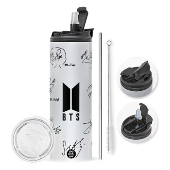 BTS signatures, Travel Tumbler θερμό με διπλό καπάκι, μεταλλικό καλαμάκι και βούρτσα καθαρισμού (Ανωξείδωτο 304 Food grade, BPA free, 600ml)