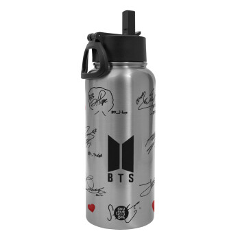 BTS signatures, Metal mug thermo Silver with Straw and Spout Lid (Stainless steel), double wall, 950ml