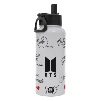 BTS signatures, Metal mug thermo White with Straw and Spout Lid (Stainless steel), double wall, 950ml