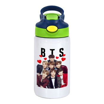 BTS hearts, Children's hot water bottle, stainless steel, with safety straw, green, blue (350ml)