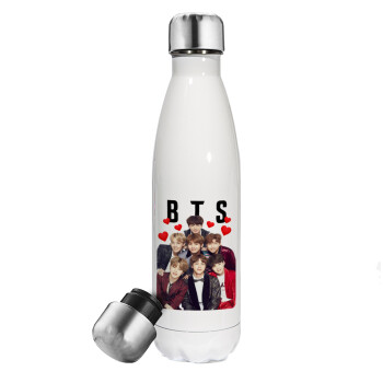 BTS hearts, Metal mug thermos White (Stainless steel), double wall, 500ml