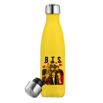 BTS hearts, Yellow Stainless Steel Metallic Thermos, double-walled, 500ml