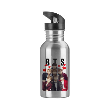 BTS hearts, Water bottle Silver with straw, stainless steel 600ml
