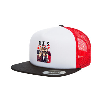 BTS hearts, Adult Foam Flat Snapback with Mesh Black-White-Red (POLYESTER, ADULT, UNISEX, ONE SIZE)