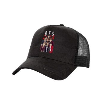 BTS hearts, Adult Structured Trucker Hat, with Mesh, Dark Army (100% COTTON, ADULT, UNISEX, ONE SIZE)