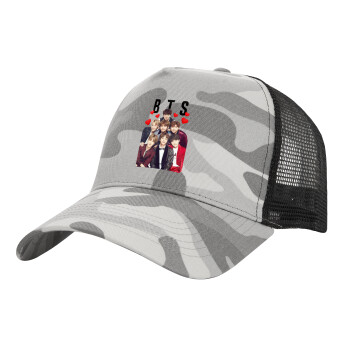 BTS hearts, Adult Structured Trucker Hat, with Mesh, (Camouflage) Army Camo (100% COTTON, ADULT, UNISEX, ONE SIZE)