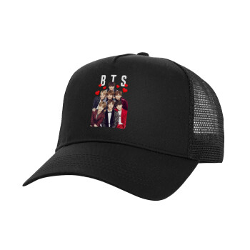 BTS hearts, Structured Trucker Adult Hat, with Mesh, Black (100% COTTON, ADULT, UNISEX, ONE SIZE)