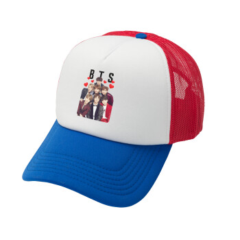 BTS hearts, Adult Soft Trucker Hat with Red/Blue/White Mesh (POLYESTER, ADULT, UNISEX, ONE SIZE)