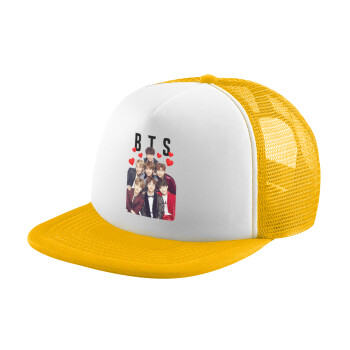 BTS hearts, Adult Soft Trucker Hat with Yellow/White Mesh (POLYESTER, ADULT, UNISEX, ONE SIZE)