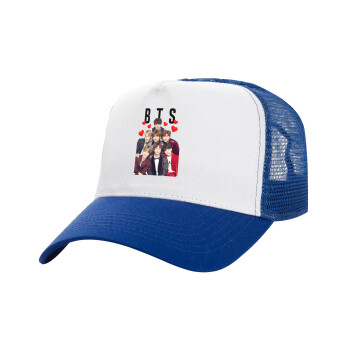 BTS hearts, Adult Structured Trucker Hat, with Mesh, WHITE/BLUE (100% COTTON, ADULT, UNISEX, ONE SIZE)