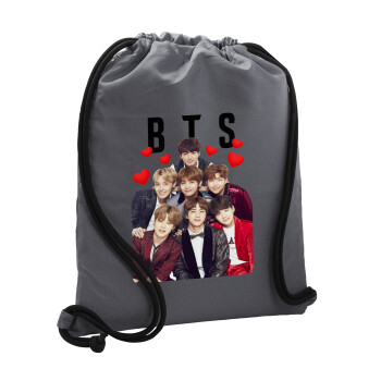 BTS hearts, Τσάντα πλάτης πουγκί GYMBAG ΓΚΡΙ, με τσέπη (40x48cm) & χονδρά κορδόνια