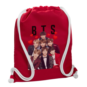 BTS hearts, Backpack pouch GYMBAG Red, with pocket (40x48cm) & thick cords