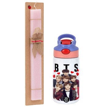 BTS hearts, Πασχαλινό Σετ, Παιδικό παγούρι θερμό, ανοξείδωτο, με καλαμάκι ασφαλείας, ροζ/μωβ (350ml) & πασχαλινή λαμπάδα αρωματική πλακέ (30cm) (ΡΟΖ)