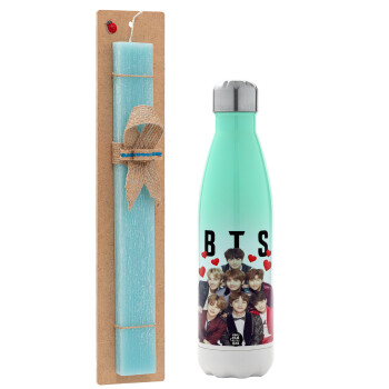 BTS hearts, Easter Set, Metallic green/white thermos (Stainless steel), double-walled, 500ml & scented flat Easter candle (30cm) (TURQUOISE)