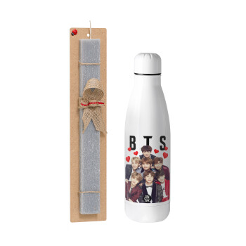 BTS hearts, Πασχαλινό Σετ, μεταλλικό παγούρι Inox (700ml) & πασχαλινή λαμπάδα αρωματική πλακέ (30cm) (ΓΚΡΙ)