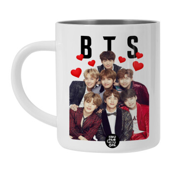 BTS hearts, Λευκή Ανοξείδωτη Μεταλλική Κούπα 450ml - Διπλού Τοιχώματος 