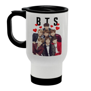 BTS hearts, Stainless steel travel mug with lid, double wall white 450ml