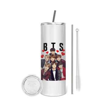 BTS hearts, Tumbler ποτήρι θερμό από ανοξείδωτο ατσάλι 600ml, με μεταλλικό καλαμάκι & βούρτσα καθαρισμού