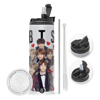 BTS hearts, Travel Tumbler θερμό με διπλό καπάκι, μεταλλικό καλαμάκι και βούρτσα καθαρισμού (Ανωξείδωτο 304 Food grade, BPA free, 600ml)