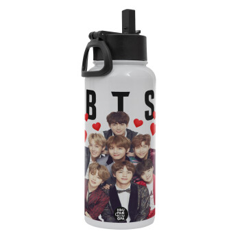 BTS hearts, Metal mug thermo White with Straw and Spout Lid (Stainless steel), double wall, 950ml