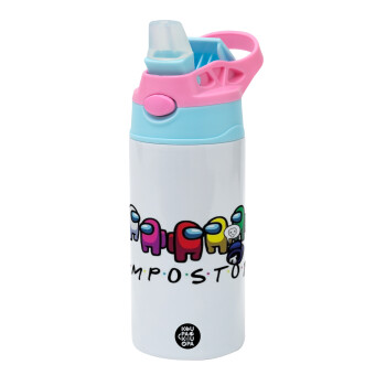 Among US impostor, Children's hot water bottle, stainless steel, with safety straw, Pink/BlueCiel (360ml) BPA FREE