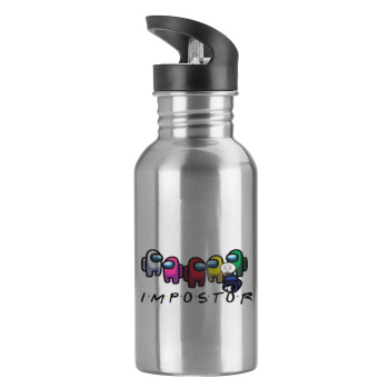 Among US impostor, Water bottle Silver with straw, stainless steel 600ml