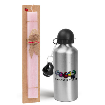 Among US impostor, Easter Set, metallic Silver aluminum water bottle (500ml) & scented flat Easter candle (30cm) (PINK)